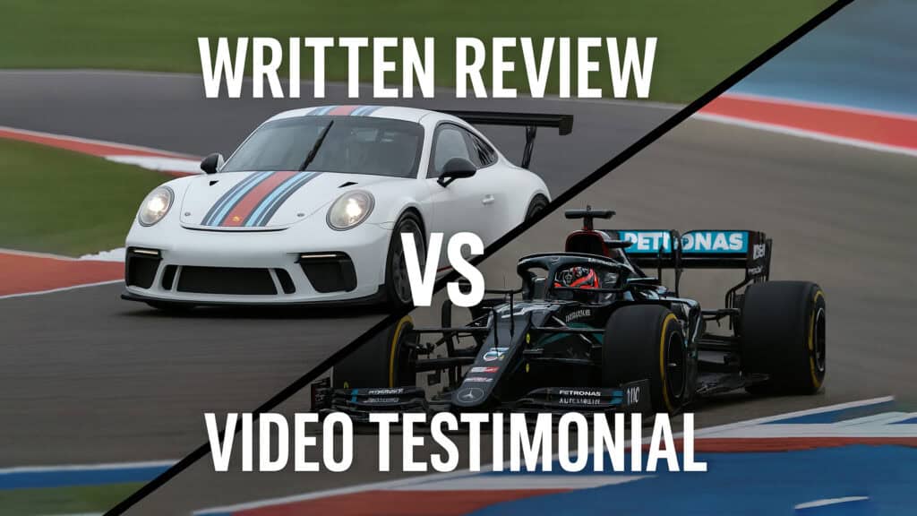 Split-screen image of a Porsche GT3 representing written reviews and a Formula One car representing video testimonials on a racetrack