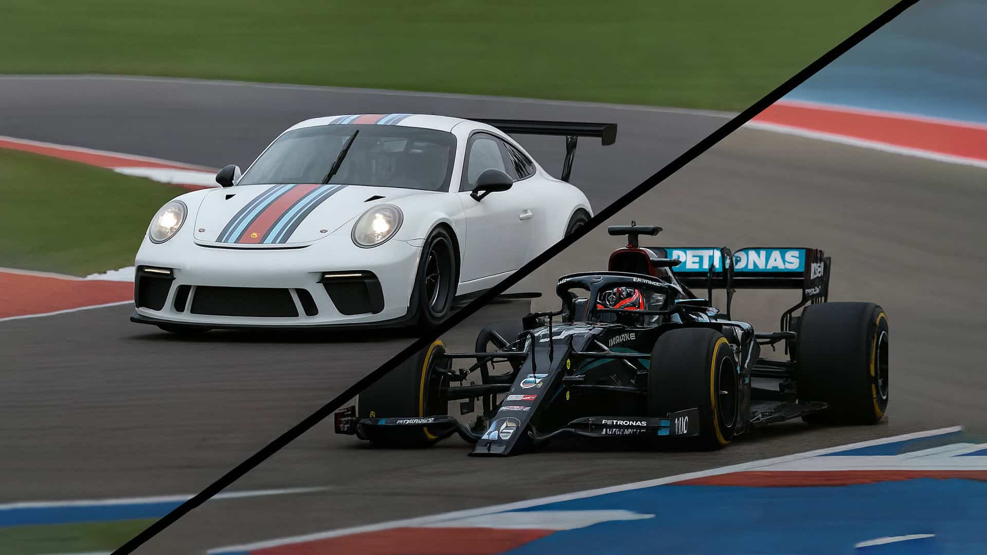 Split-screen image comparing a Porsche GT3 (written review) and a Formula One car (video testimonial) on a racetrack