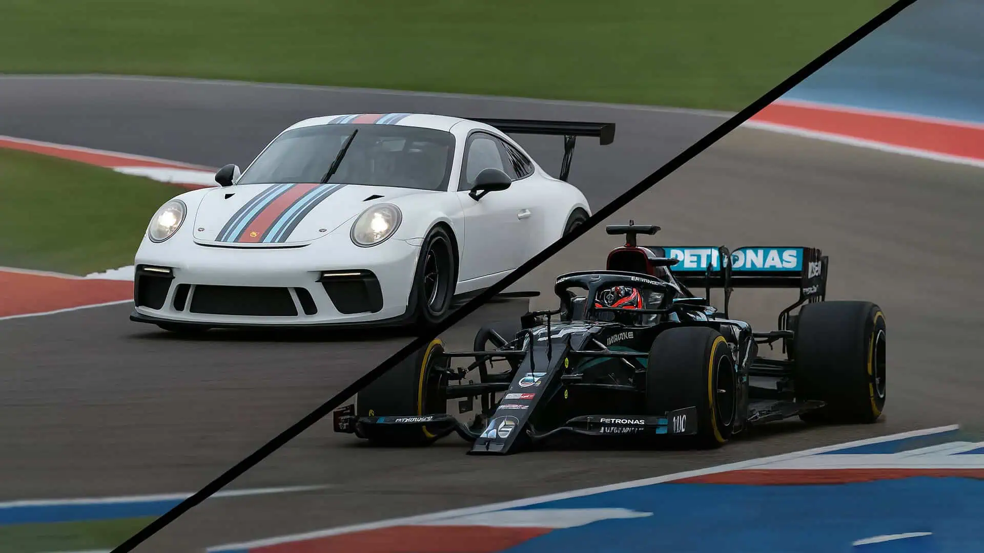 Split-screen image comparing a Porsche GT3 (written review) and a Formula One car (video testimonial) on a racetrack