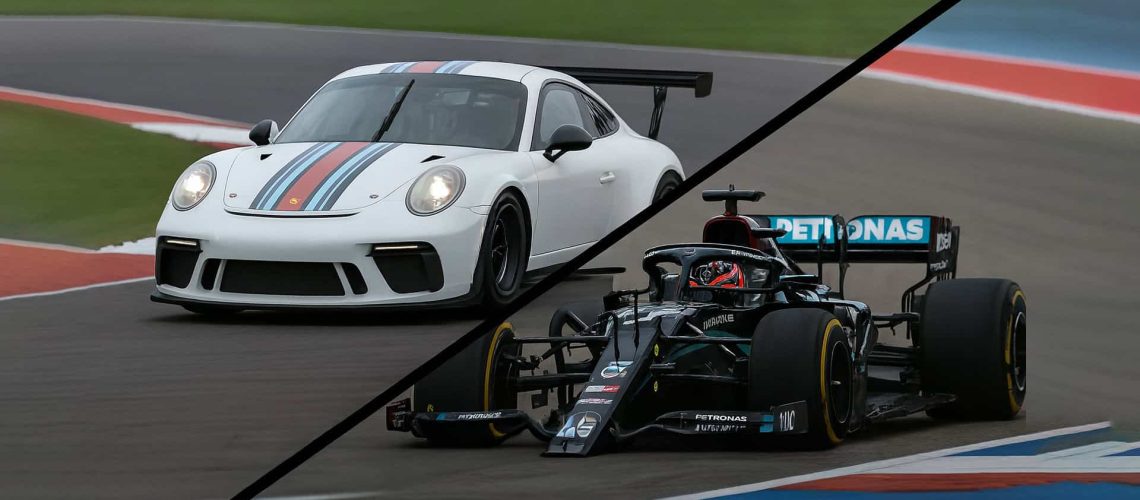 Split-screen image comparing a Porsche GT3 (written review) and a Formula One car (video testimonial) on a racetrack